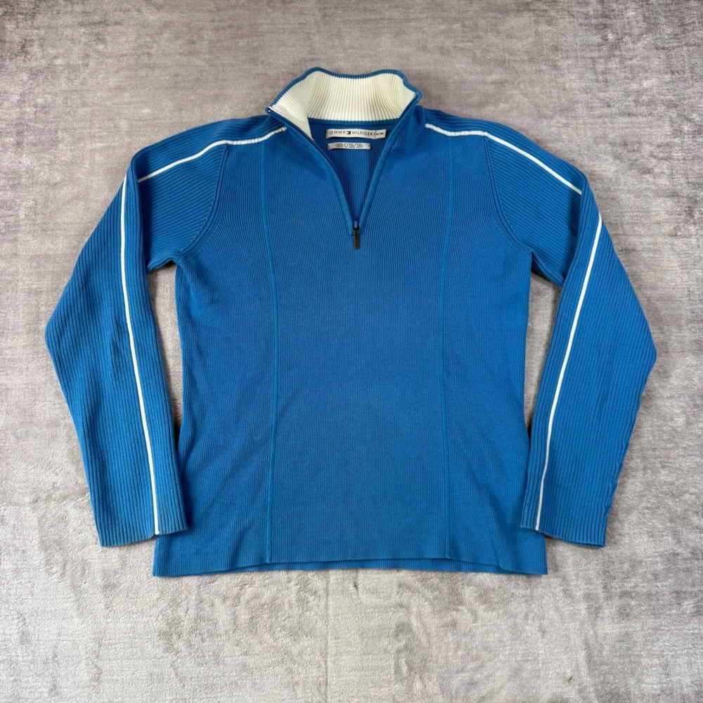 Tommy Hilfiger Sweater Womens XL Blue Ribbed Knit Stripe Preppy Quarter Zip Y2K